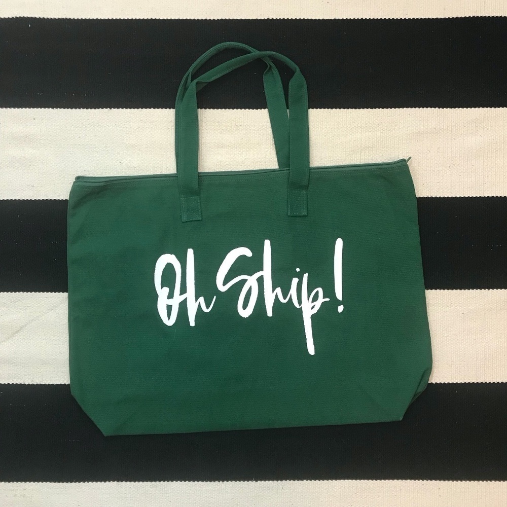 Oh Ship‎ Green White Shipping Tote Bag Zip Closure